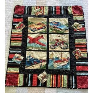 Hand Crafted Quilted Play Blanket by  31 x 35 in Double Sided Airplane Firetruck